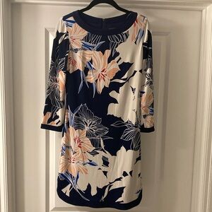 Vince Camuto Blue and Orange Sheath Dress with 3/4 Sleeves